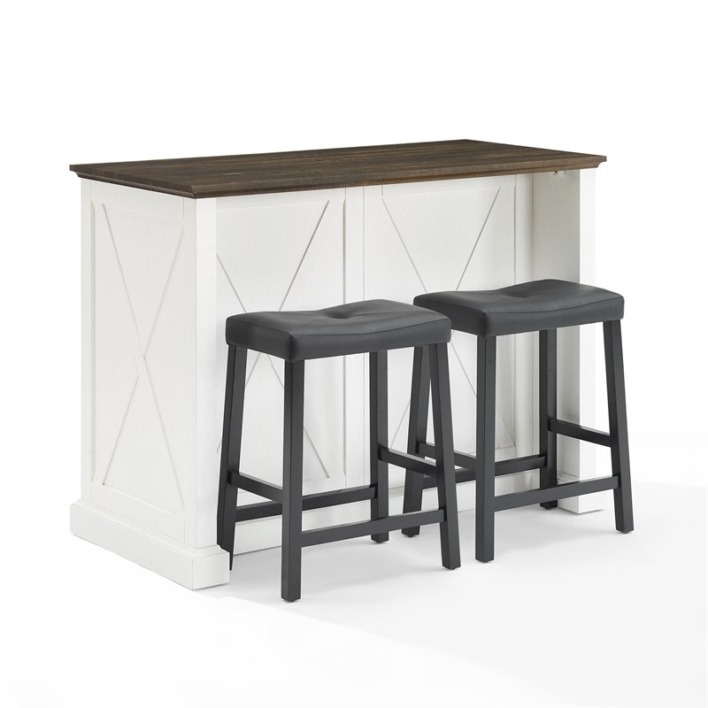 Pemberly Row Modern Wood Kitchen Island with Saddle Stools in White