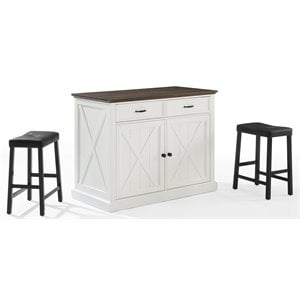 Pemberly Row Modern Wood Kitchen Island with Saddle Stools in White