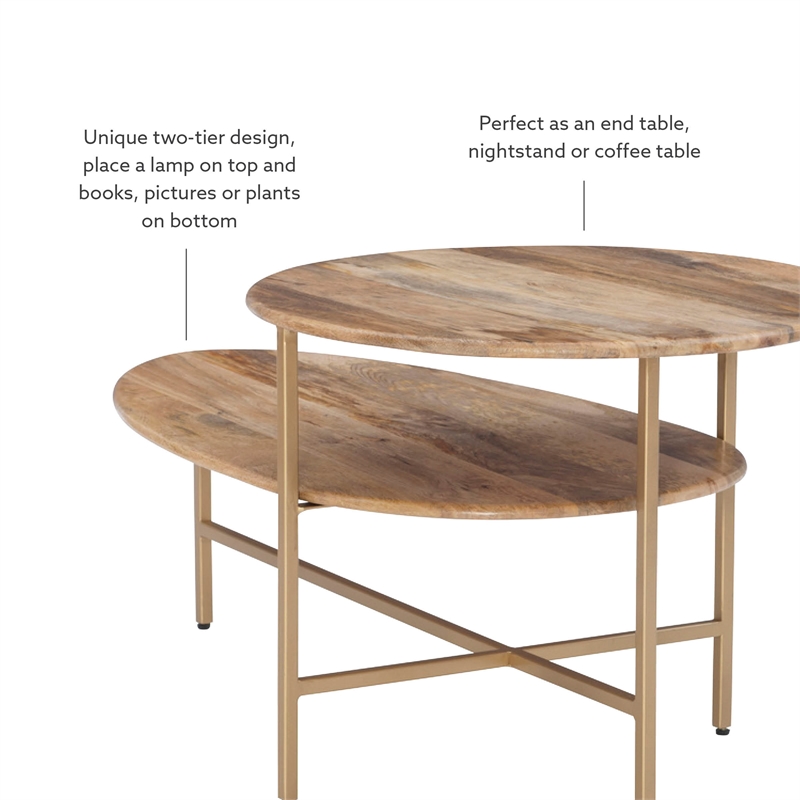 Pemberly Row Two Tiered Wood and Metal Coffee Table in Natural and Gold