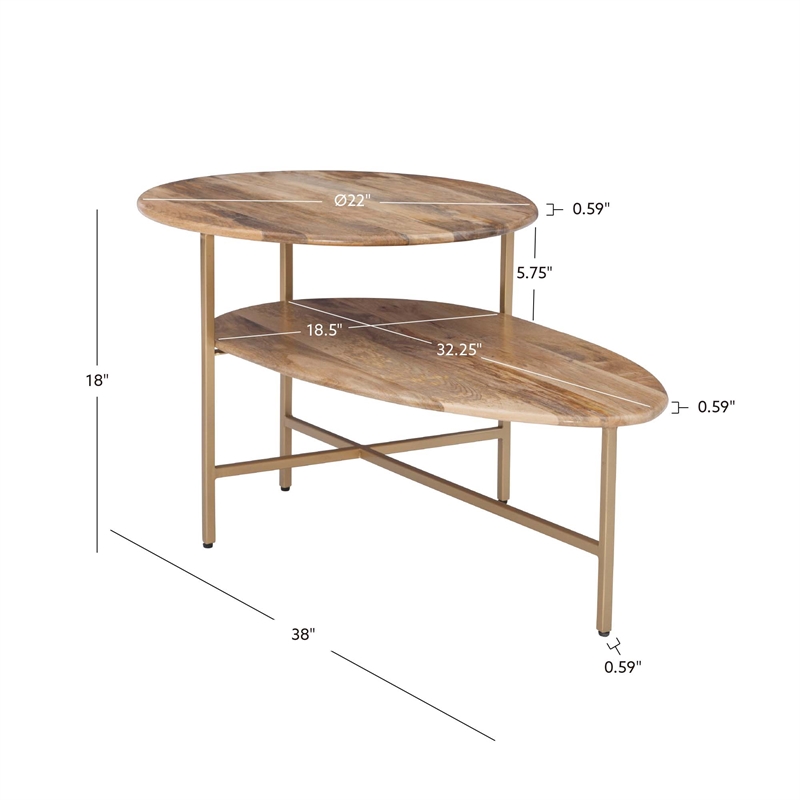 Pemberly Row Two Tiered Wood and Metal Coffee Table in Natural and Gold