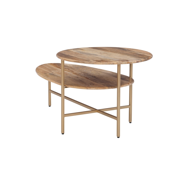 Pemberly Row Two Tiered Wood and Metal Coffee Table in Natural and Gold