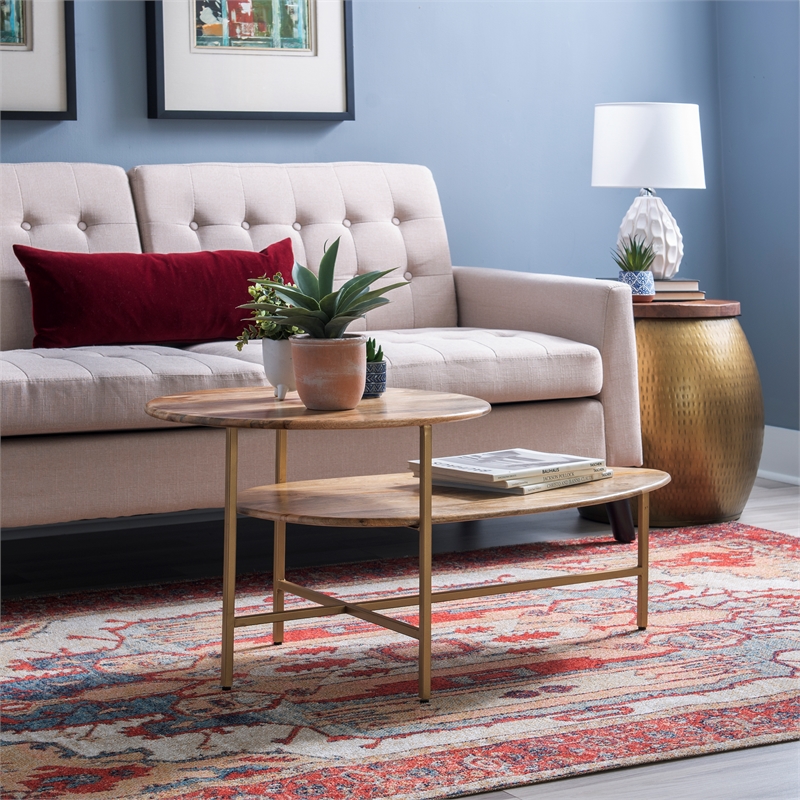 Pemberly Row Two Tiered Wood and Metal Coffee Table in Natural and Gold