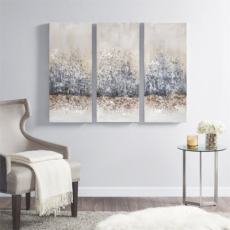 Pemberly Row 3-Piece Wood Twilight Mystere Hand Embellished Canvas in Gray