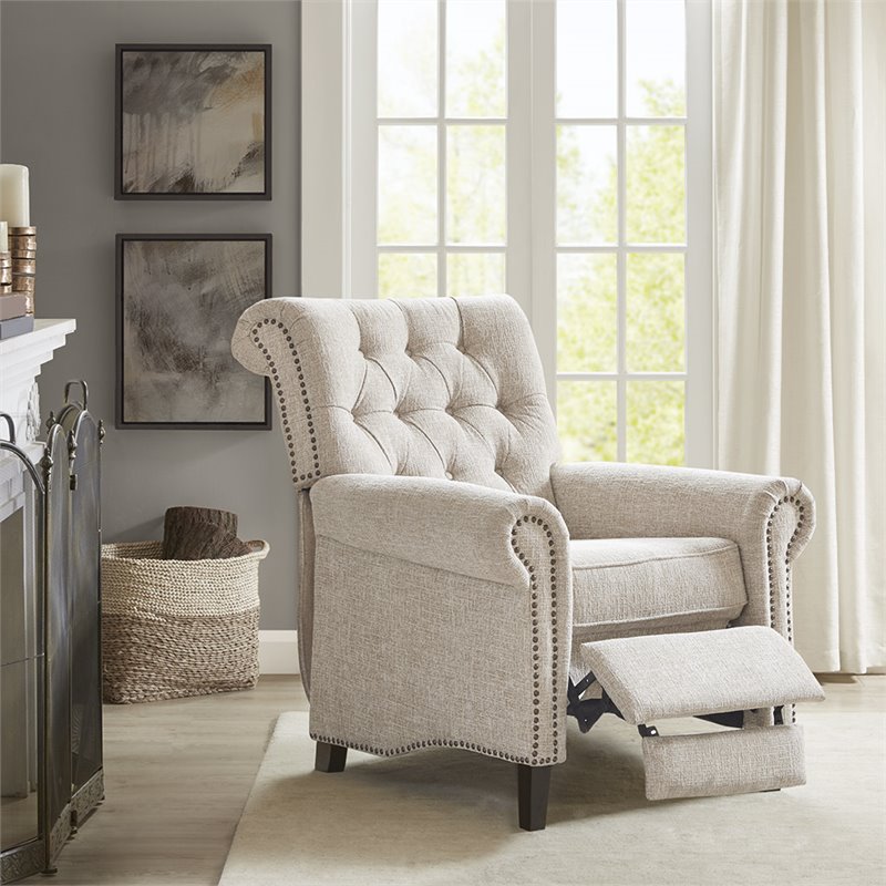 Pemberly Row Fabric and Solid Wood Push Back Recliner in Cream