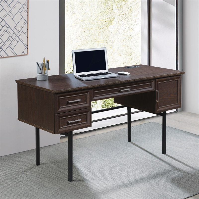 Pemberly Row Engineered Wood Executive Desk with Power in Espresso Finish