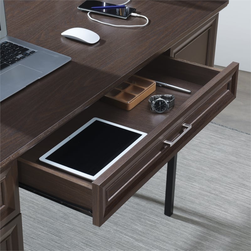 Pemberly Row Engineered Wood Executive Desk with Power in Espresso Finish