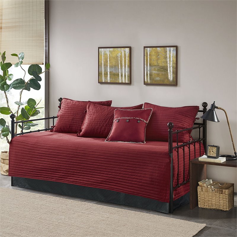 Pemberly Row Polyester Herringbone Reversible Daybed Cover Set in Red