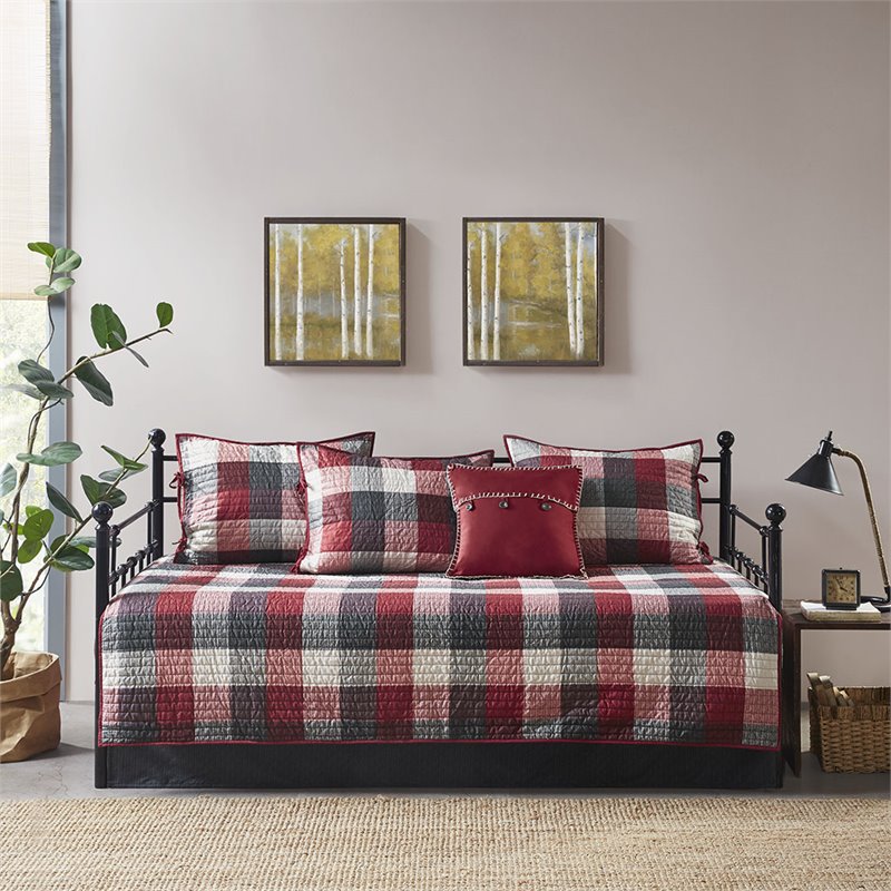 Pemberly Row Polyester Herringbone Reversible Daybed Cover Set in Red