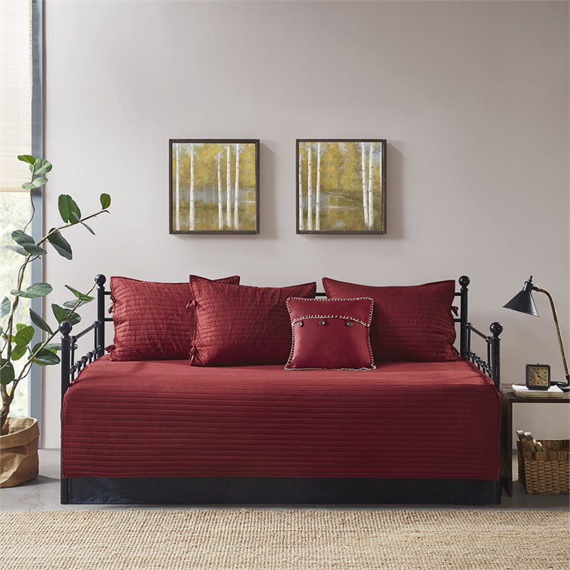 Pemberly Row Polyester Herringbone Reversible Daybed Cover Set in Red
