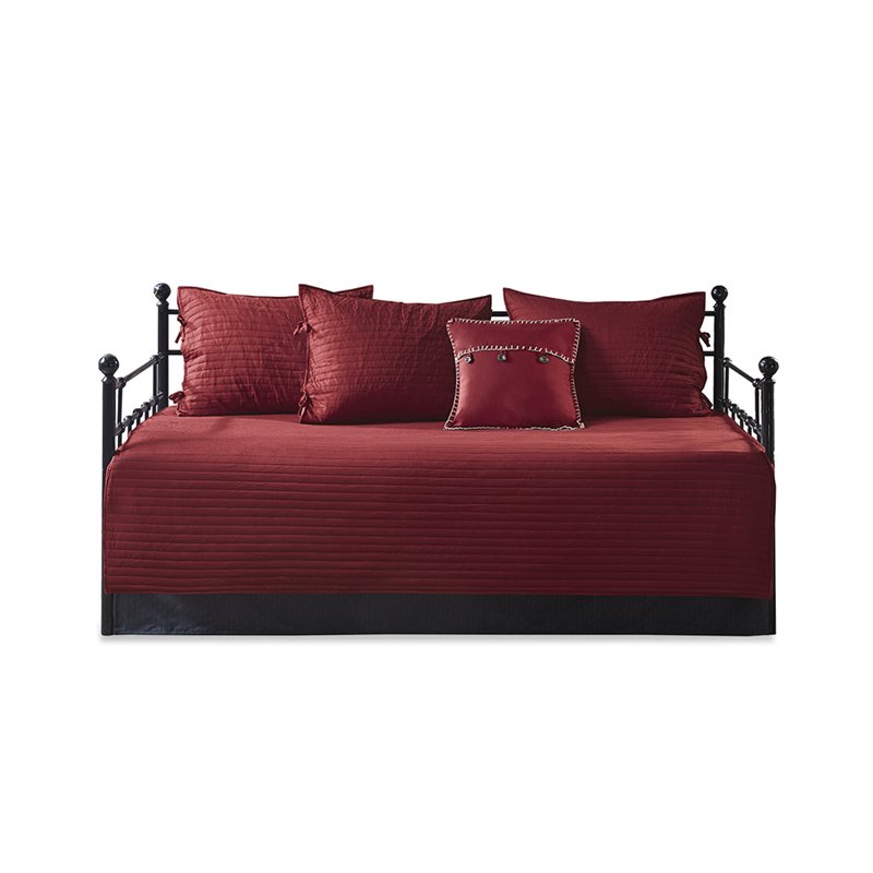 Pemberly Row Polyester Herringbone Reversible Daybed Cover Set in Red