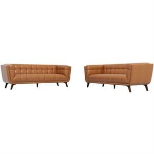 Pemberly Row Mid-Century Modern Leather Sofa Set in Cognac Tan