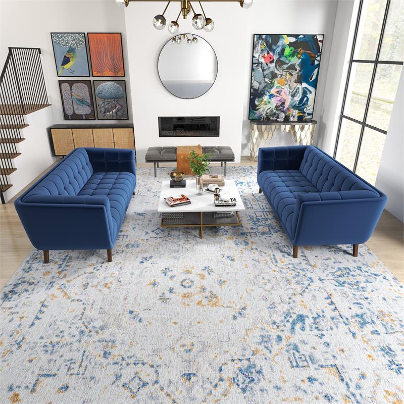 Pemberly Row Mid-Century Modern Living Room Velvet Sofa Set in Blue