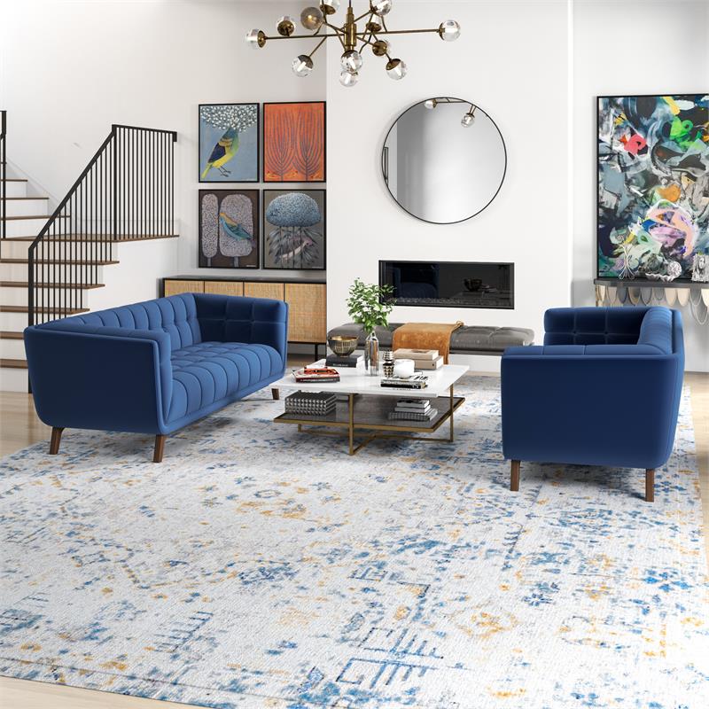 Pemberly Row Mid-Century Modern Living Room Velvet Sofa Set in Blue