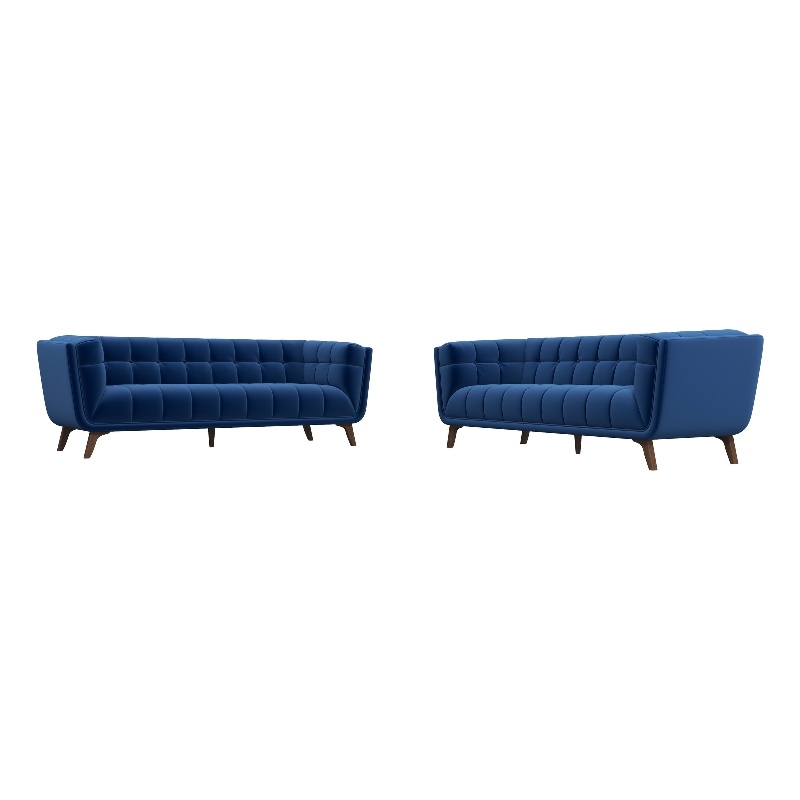 Pemberly Row Mid-Century Modern Living Room Velvet Sofa Set in Blue