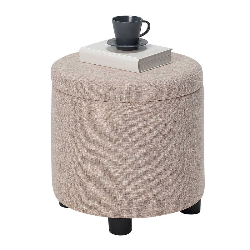Pemberly Row Round Accent Storage Ottoman with Reversible Tray Lid in Tan Fabric