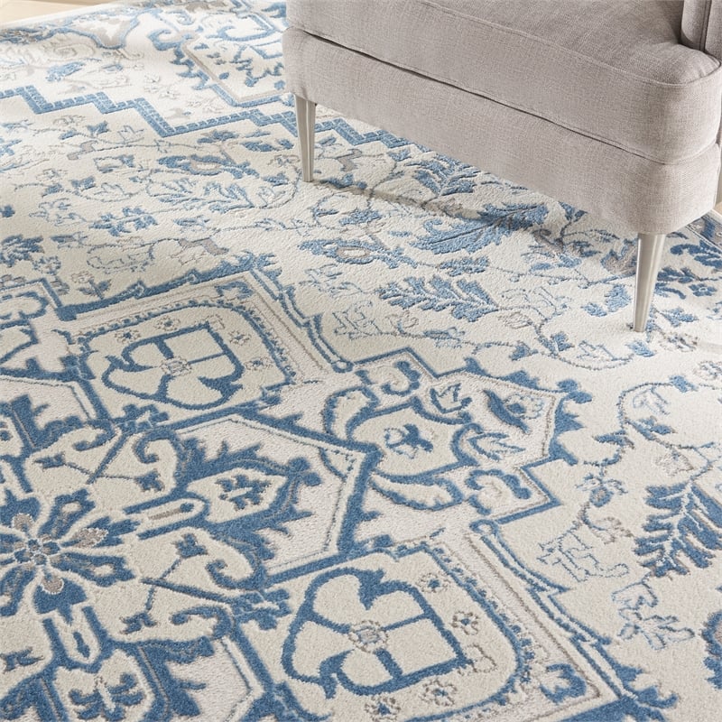 Pemberly Row Modern 9' x 12' Ivory Blue Bohemian Indoor Fabric Rug