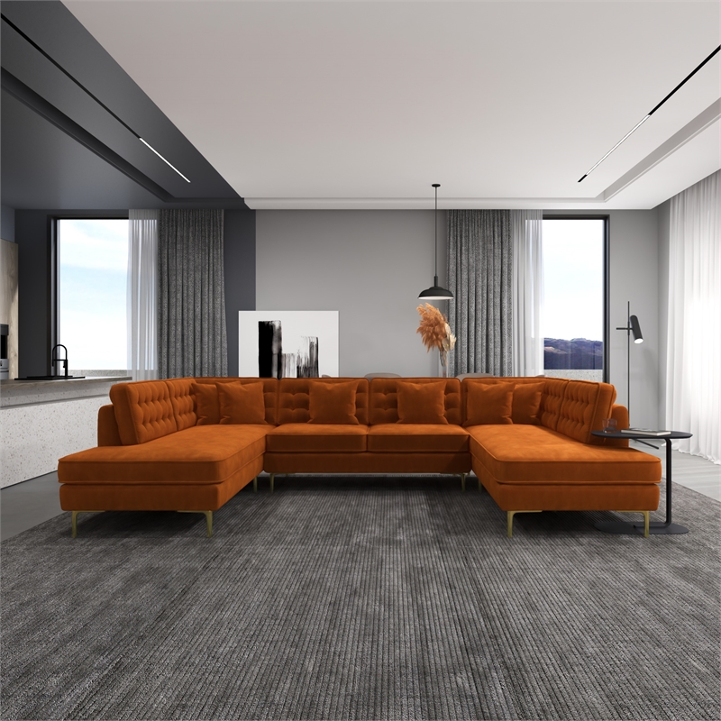 Pemberly Row Modern Living Room U-Shaped Velvet Corner Sectional Couch in Gold