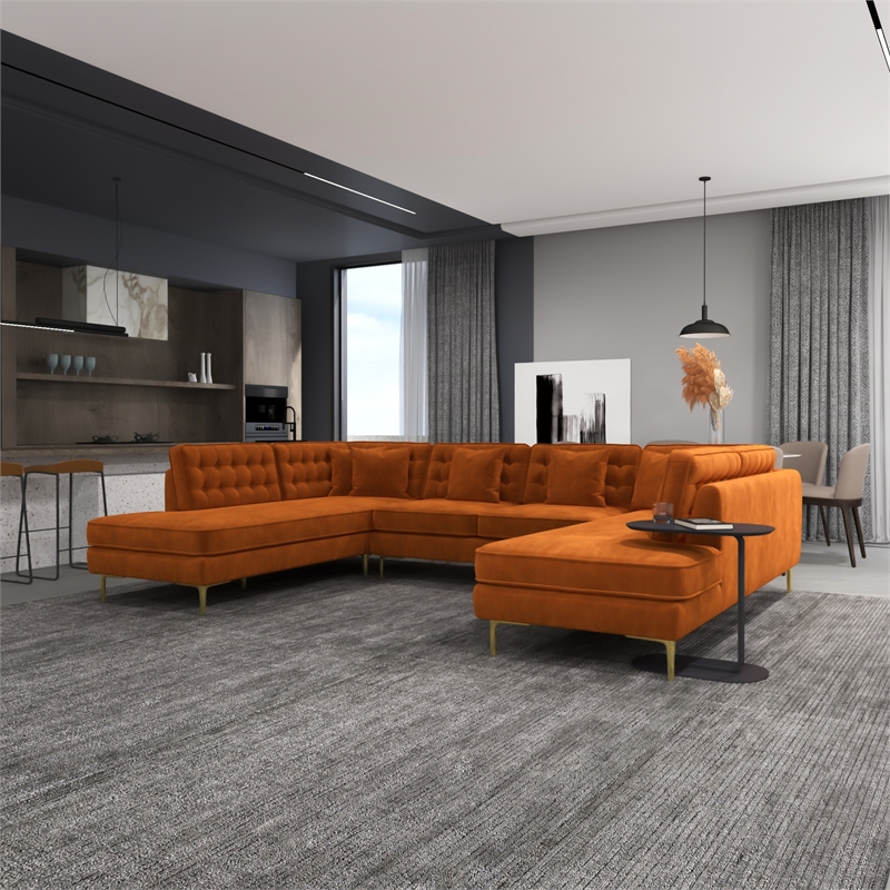 Pemberly Row Modern Living Room U-Shaped Velvet Corner Sectional Couch in Gold