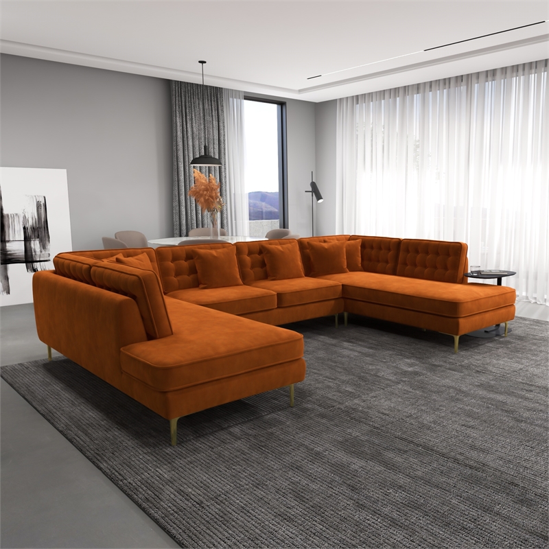 Pemberly Row Modern Living Room U-Shaped Velvet Corner Sectional Couch in Gold