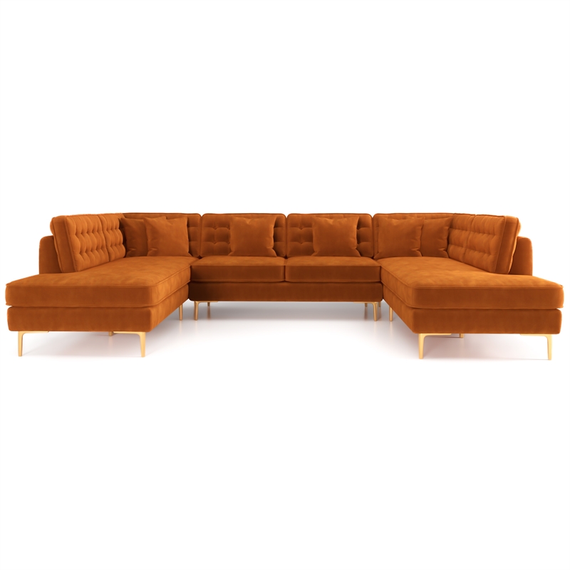 Pemberly Row Modern Living Room U-Shaped Velvet Corner Sectional Couch in Gold