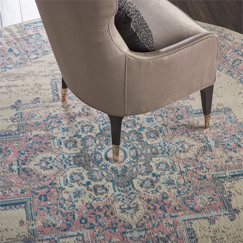 Pemberly Row 8' x Round White and Pink Fabric Vintage Area Rug (8' Round)