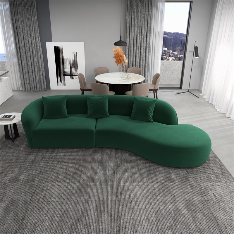 Pemberly Row Japandi Style Luxury Modern Velvet Curvy Couch in Green