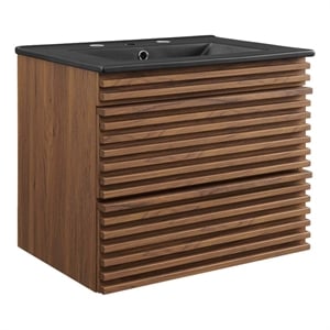 Pemberly Row 24&quot Modern Wood Wall-Mount Bathroom Vanity in Walnut/Black