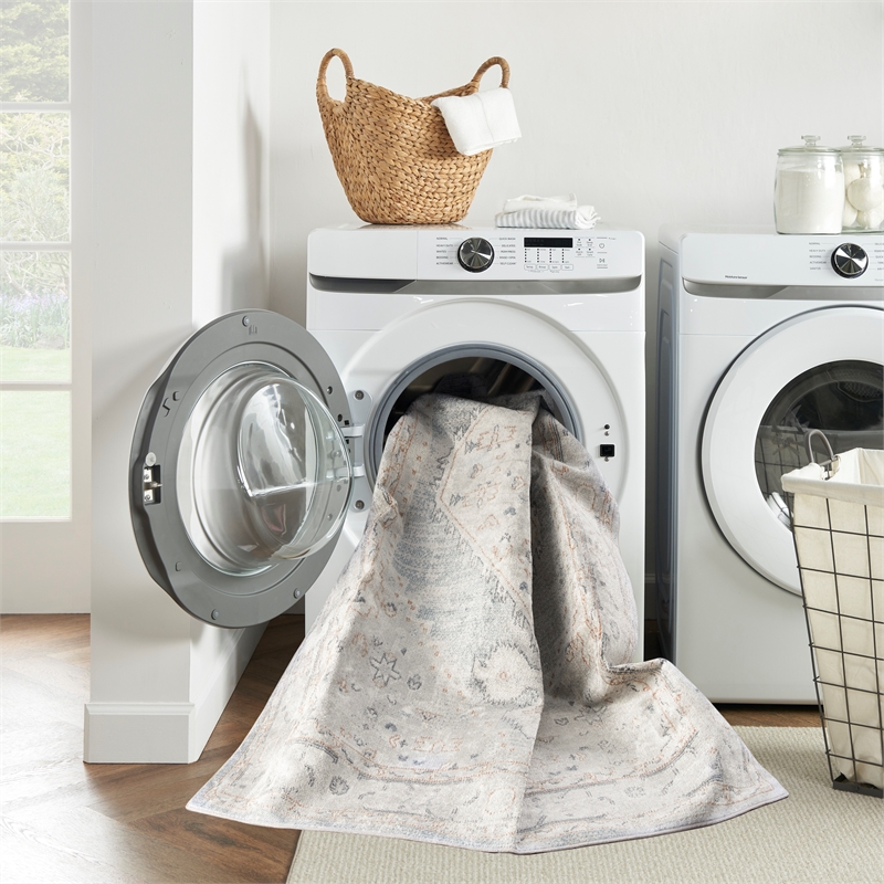 Pemberly Row Machine Washable 9' x 12' Light Blue Vintage Indoor Rug