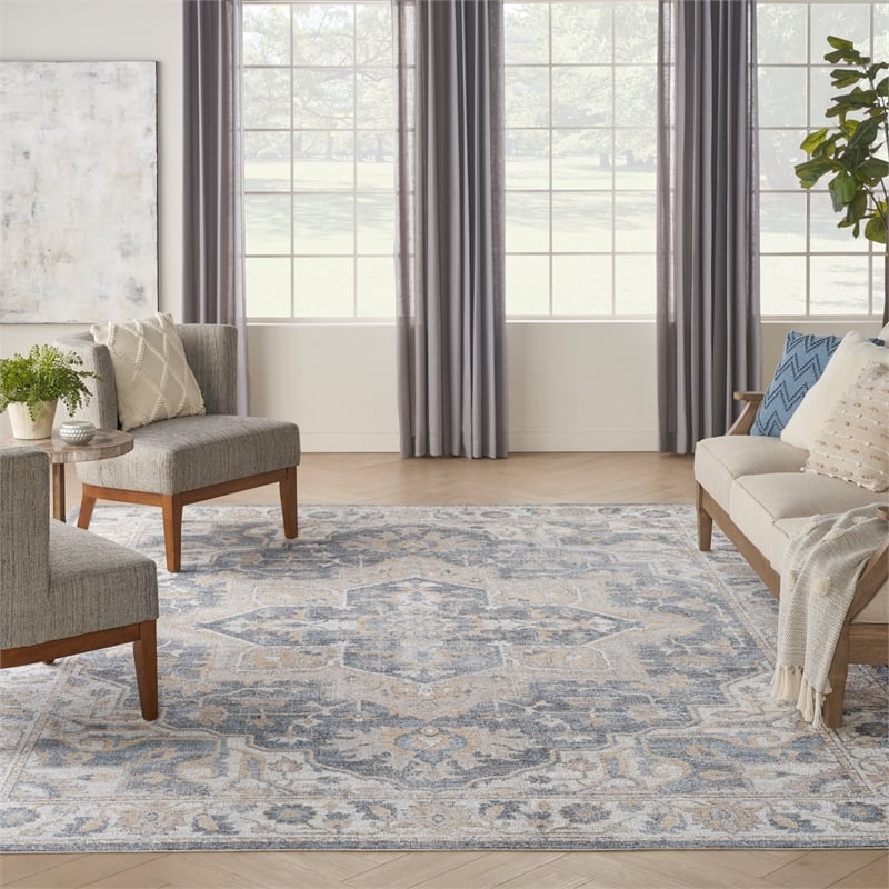 Pemberly Row Machine Washable 9' x 12' Gray/Blue Vintage Indoor Rug