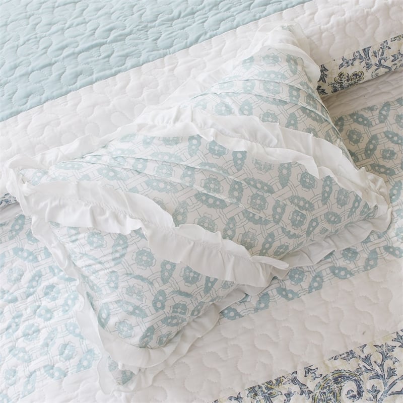 Pemberly Row 6 Piece Cotton Percale Quilt Set with Throw Pillows in Blue