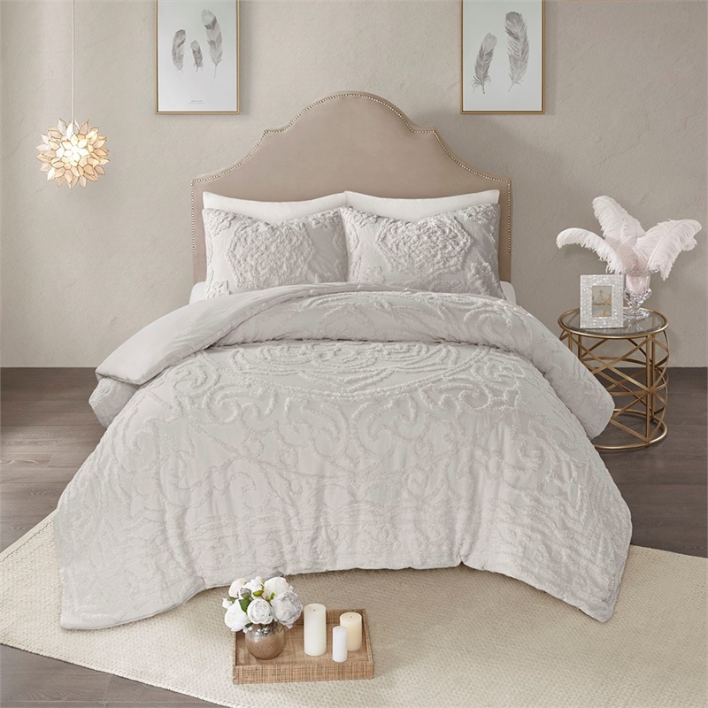 Pemberly Row 3 Piece Tufted Cotton Chenille Medallion Duvet Cover Set