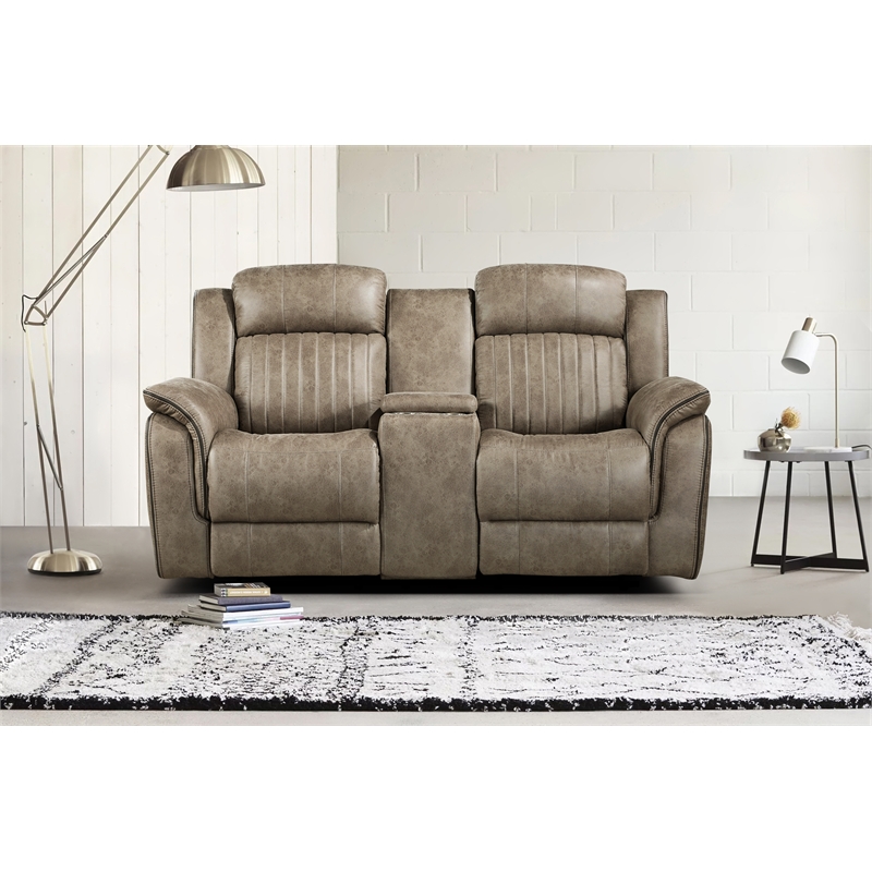 Pemberly Row Microfiber 2-Piece Manual Reclining Sofa Set in Sandy Brown