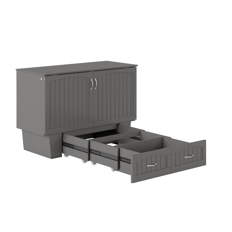 Pemberly Row Full Wood Murphy Bed Chest w/ Mattress & Built-in Charger - Gray