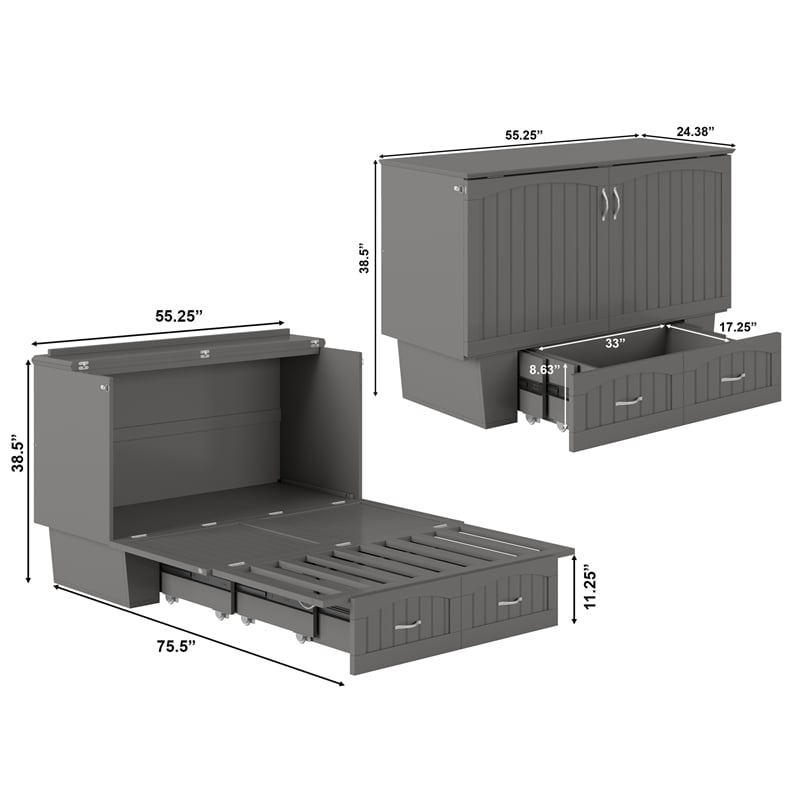 Pemberly Row Full Wood Murphy Bed Chest w/ Mattress & Built-in Charger - Gray