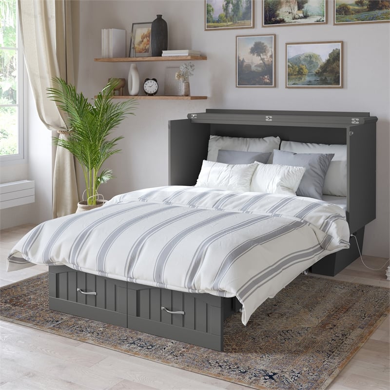 Pemberly Row Full Wood Murphy Bed Chest w/ Mattress & Built-in Charger - Gray