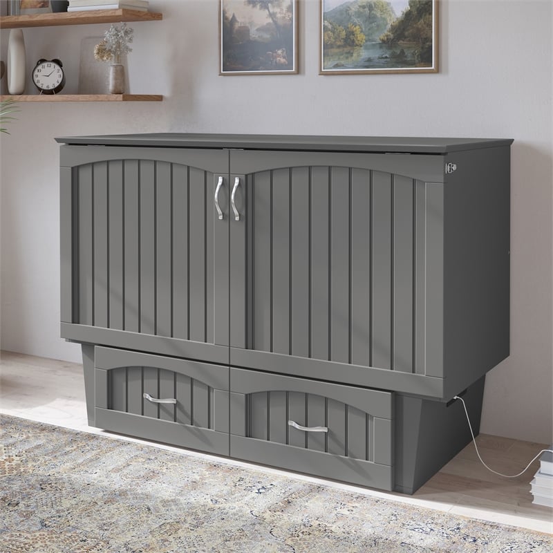 Pemberly Row Full Wood Murphy Bed Chest w/ Mattress & Built-in Charger - Gray