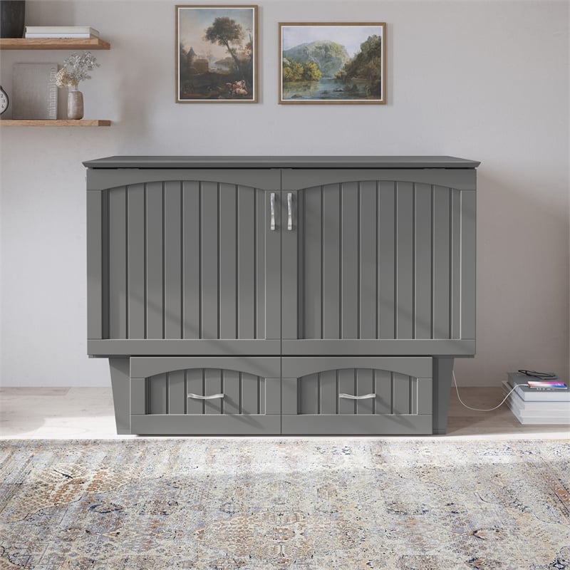Pemberly Row Full Wood Murphy Bed Chest w/ Mattress & Built-in Charger - Gray