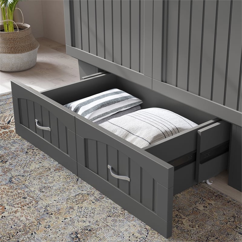Pemberly Row Full Wood Murphy Bed Chest w/ Mattress & Built-in Charger - Gray