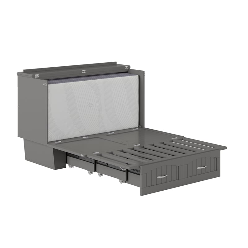Pemberly Row Full Wood Murphy Bed Chest w/ Mattress & Built-in Charger - Gray