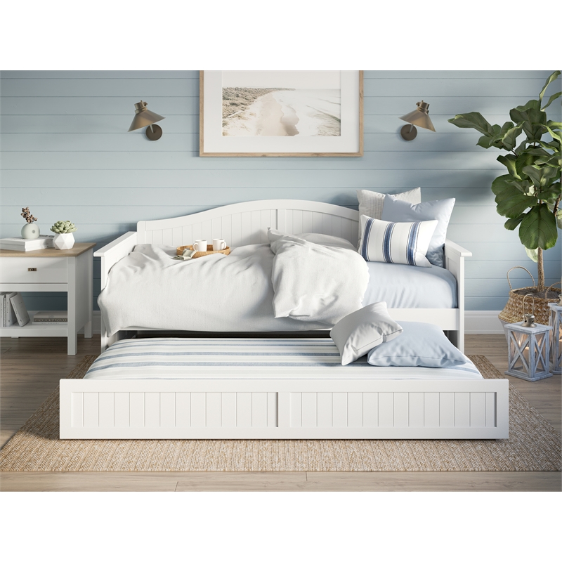 Pemberly Row Mid-Century Solid Wood Twin Daybed with Trundle in White