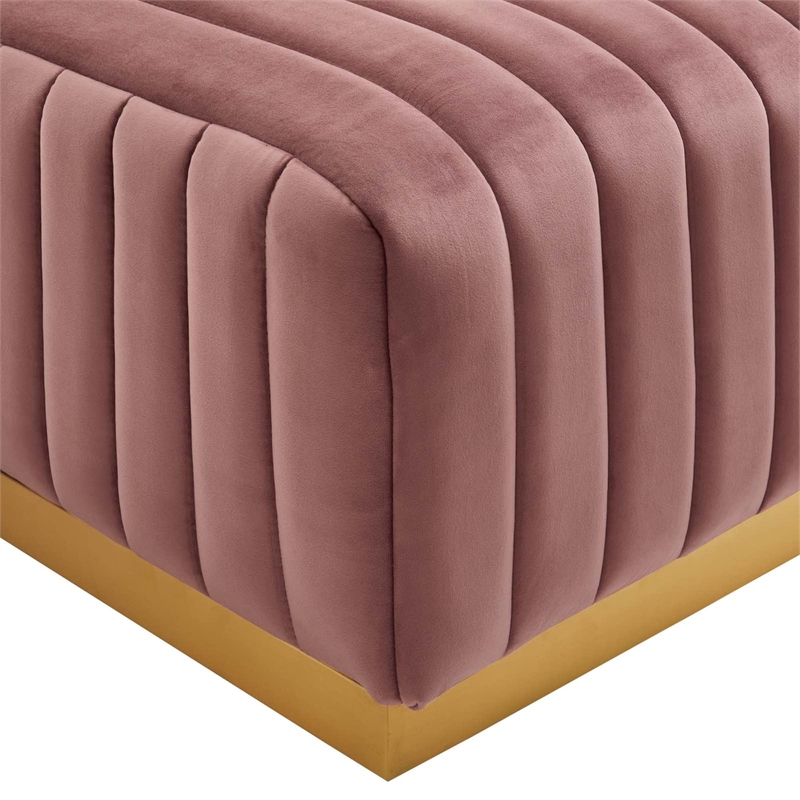 Pemberly Row Channel Tufted Performance Velvet Ottoman in Gold/Dusty Rose