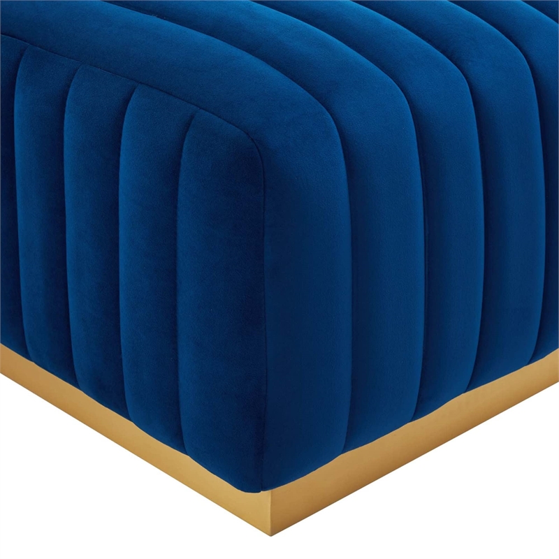Pemberly Row Channel Tufted Performance Velvet Ottoman in Gold/Navy