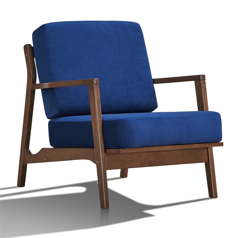 Pemberly Row Solid Wood and Velvet Upholstered Accent Armchair in Blue