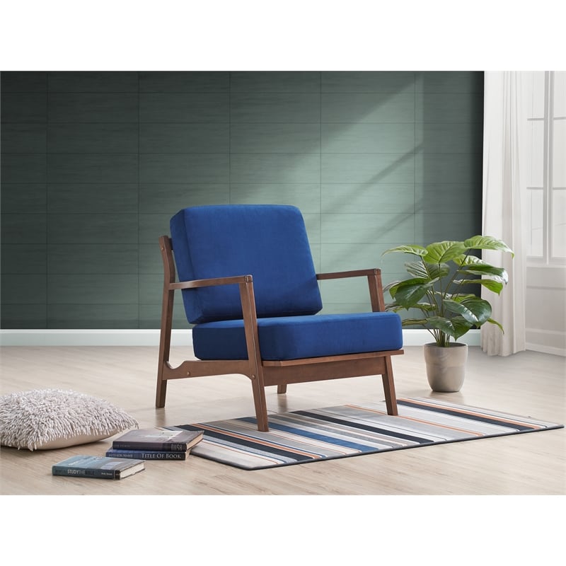 Pemberly Row Solid Wood and Velvet Upholstered Accent Armchair in Blue
