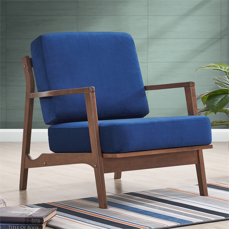 Pemberly Row Solid Wood and Velvet Upholstered Accent Armchair in Blue
