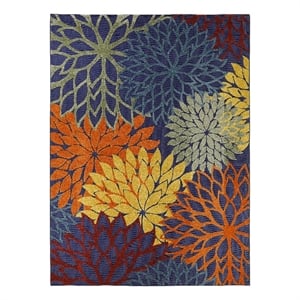 Pemberly Row Washable 94x126&quot Blue/Multi-Color Outdoor Polypropylene Fabric Rug