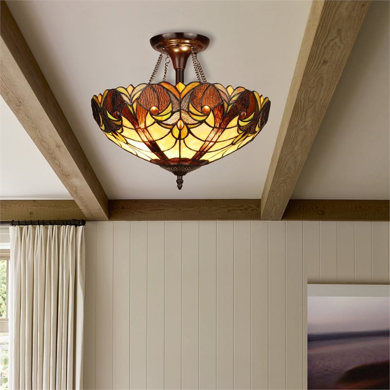 Pemberly Row Victorian 2-Light Glass Semi Flush Mount Light in Yellow