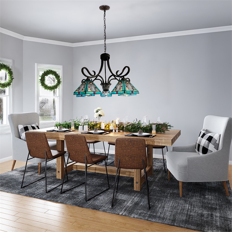 Pemberly Row Mission 5-Light Glass Large Chandelier in Bronze/Blue