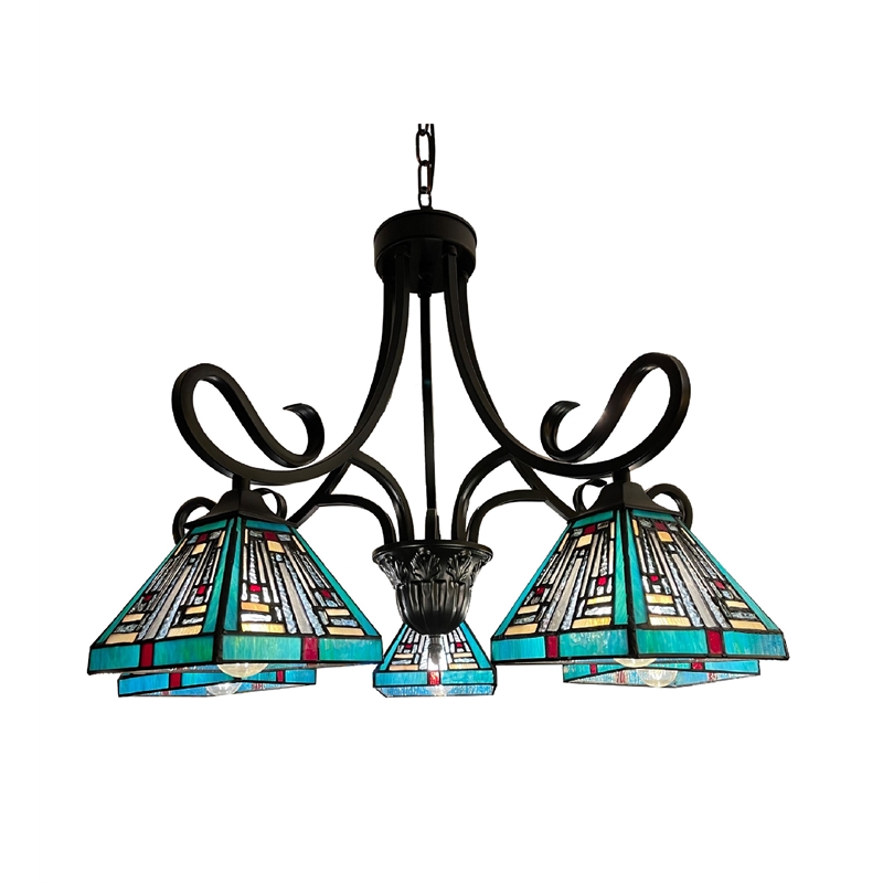 Pemberly Row Mission 5-Light Glass Large Chandelier in Bronze/Blue