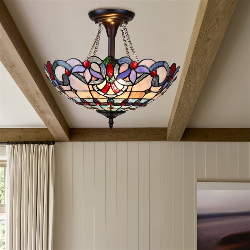 Pemberly Row Victorian 2-Light Glass Semi Flush Light in Multi-Color